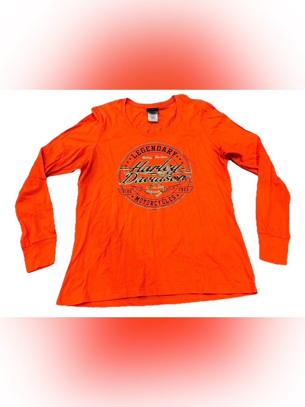 Harley-Davidson Women’s XL Orange Long Sleeve Shirt Thumb Holes Black Hills SD